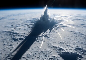 Wall Mural - Futuristic spaceship ascending from earth s atmosphere with sun flare