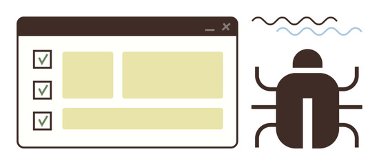 Open browser interface with completed checklist beside bug graphic. Ideal for debugging, programming, coding, software development, quality assurance, error fixing, workflow. Simple flat metaphor