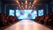 © Maryna - Empty fashion show catwalk with audience seated on sides under dramatic spotlights. Large screen displays abstract geometric pattern. Elegant, modern fashion event atmosphere with blurred background.