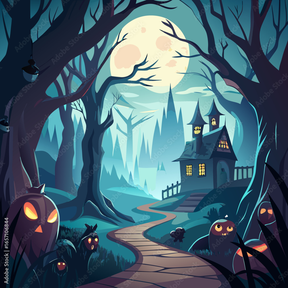Spooky halloween forest scene with haunted house and glowing pumpkins ...