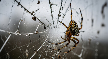 Detailed macro view of a yellow garden spider, an argiope aurantia, patiently waiting in the center of its intricate, dew-covered orb web