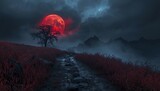 Crimson Moon Over Lonely Path A Night Landscape of Nature's Drama