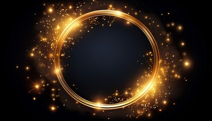 Wall Mural - golden glowing circle frame with glitter and light particles on a black background