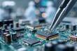 © whitestorm - Close-up of electronics engineer using tweezers to carefully place components onto a circuit board, showcasing precision and technology in a laboratory setting.
