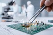 © whitestorm - Close-up of a semiconductor board being assembled in a clean laboratory environment, using tweezers by a worker in a white coat, with a microscope in the background.
