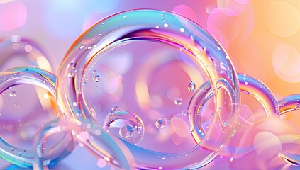 Pastel iridescent bubbles float; bokeh background; abstract beauty; cosmetic ad