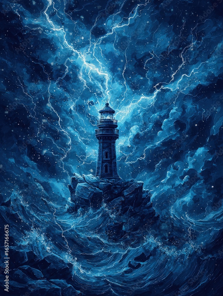 A lighthouse stands resolutely on rocky terrain as turbulent waves crash around it. Dark, swirling clouds illuminated by bright lightning create a dramatic and intense atmosphere.