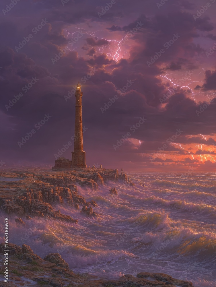 A lighthouse rises prominently on rugged cliffs as dark storm clouds gather overhead. Lightning strikes illuminate the sky while tumultuous waves crash against the rocky shore during twilight.