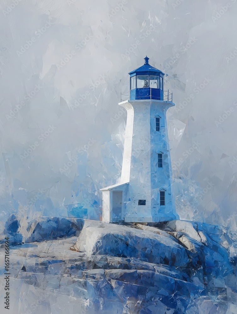 A tall white lighthouse stands prominently on a rocky shoreline, surrounded by calm waters. The atmosphere is serene, with a cloudy sky creating a subtle, muted backdrop as dusk approaches.