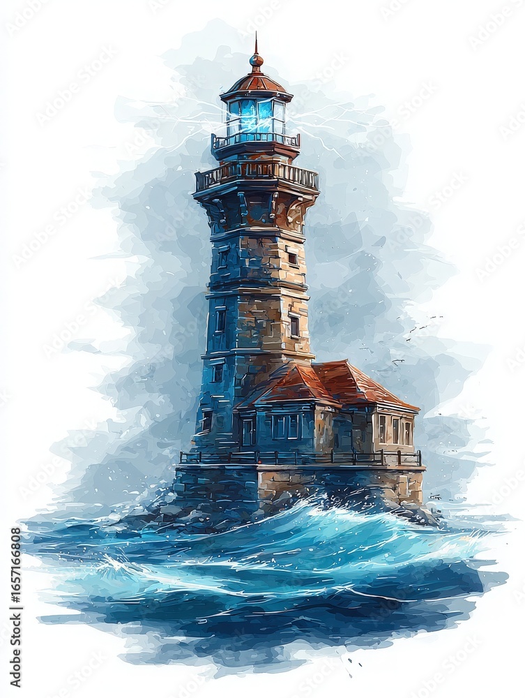 A tall stone lighthouse rises from turbulent waters, with waves crashing around its base. The light atop glows, guiding ships during a stormy day. Dark clouds loom overhead, adding drama.