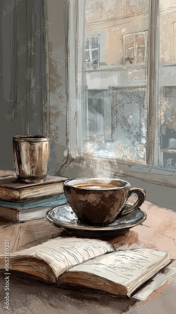 A steaming cup of coffee sits on a saucer next to stacked books. A warm, inviting atmosphere is created by soft natural light streaming through a nearby window, enhancing the calm setting.