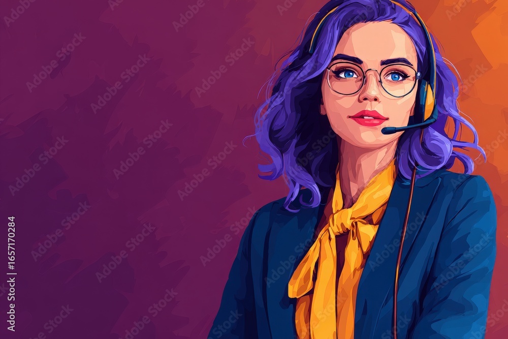 A young woman with striking purple hair and glasses engages with a headset.