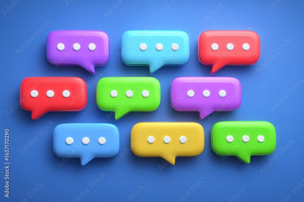 Brightly colored chat bubbles in various shades rest against a blue background, symbolizing digital conversations.