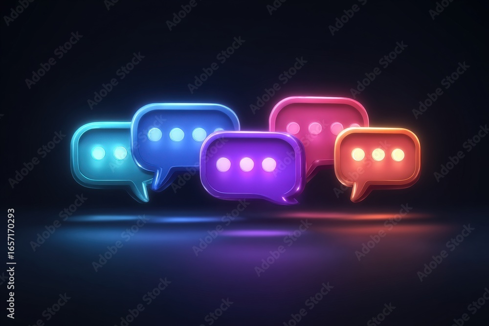 Colorful chat bubbles in shades of blue and pink emit a soft glow against a dark backdrop. The three dots within each bubble hint at ongoing conversations, creating an engaging atmosphere.