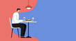 © Office Stock Pro - Minimalist illustration of a person dining solo at a restaurant with food and wine glasses, depicting leisure and hospitality.