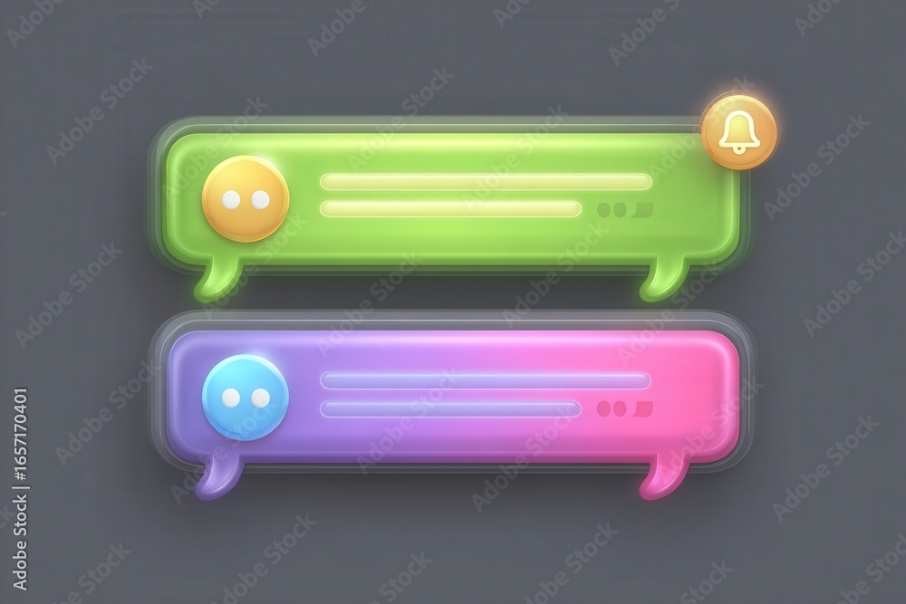 Two vibrant chat bubbles are displayed on a gray background, one green with a notification icon and the other pink. The colorful design emphasizes modern digital communication.