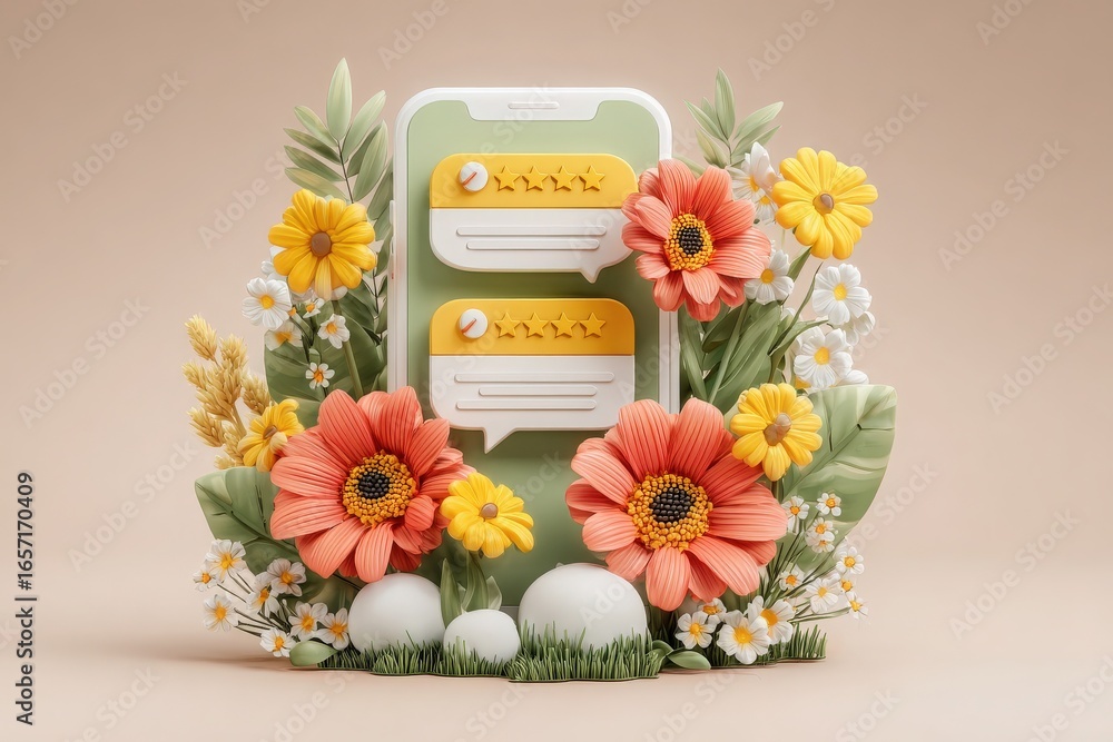 A vibrant display features a mobile phone surrounded by colorful paper flowers and botanical elements. The phone screen shows chat bubbles, conveying a friendly conversation atmosphere.