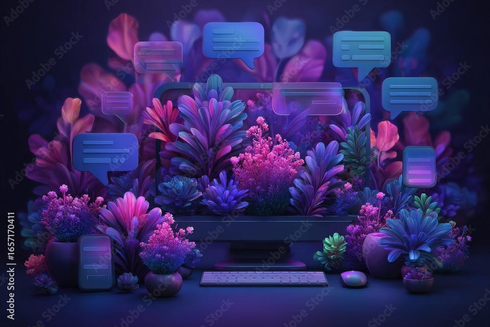 A creative display featuring a computer surrounded by lush, colorful plants and floating communication bubbles. The scene evokes a fusion of technology and nature in a dark setting.