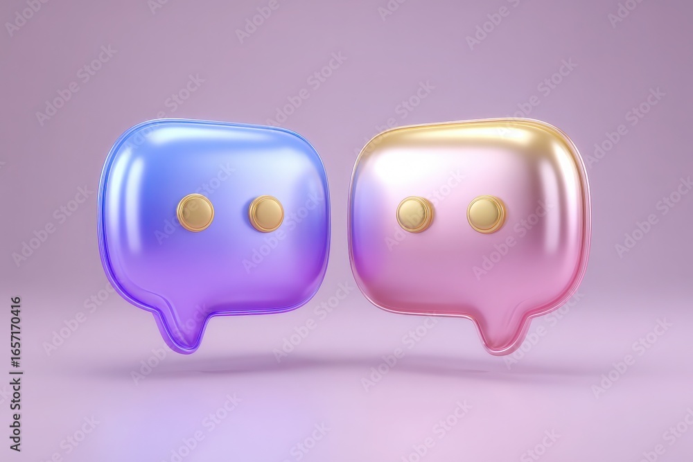 Two glossy chat bubbles, one purple and one pink, feature rounded shapes and golden dots. The design reflects the essence of digital communication and social interaction in a modern context.