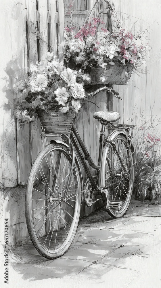 A vintage bicycle is parked next to a wall adorned with flower baskets. The scene conveys tranquility and a nostalgic vibe, capturing the essence of a peaceful village moment.