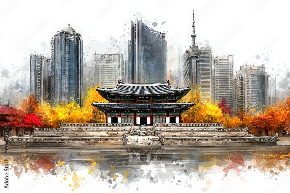 A historic building surrounded by bright autumn foliage stands before a backdrop of towering skyscrapers. The blend of tradition and modernity creates a striking visual contrast during a sunny day.