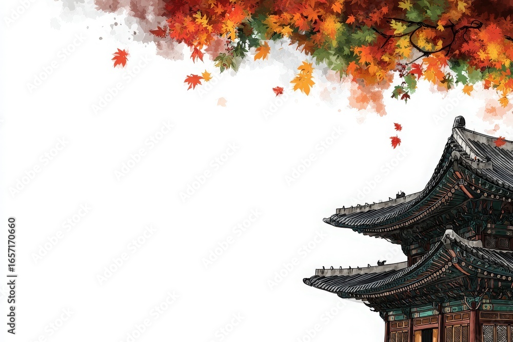 Vibrant red, orange, and yellow leaves cascade from above, framing a traditional Asian building with intricate tile work, showcasing autumns beauty in a serene and calm setting.