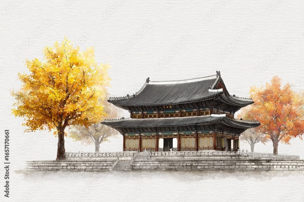 A historic structure emphasizes its elegance with intricate details, set against vibrant autumn trees.