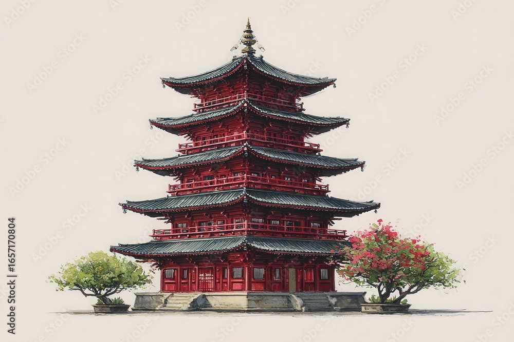 Towering red pagoda showcases traditional architectural design surrounded by lush greenery and blooming flowers.