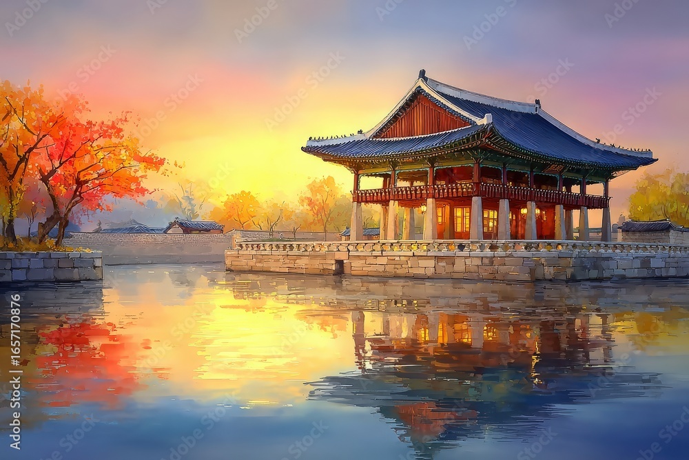 A serene traditional pavilion stands by a calm body of water, reflecting vibrant autumn foliage as the sun sets. Warm colors illuminate the sky, creating a picturesque landscape.