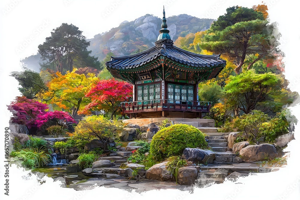 A beautifully crafted Korean pavilion sits gracefully in a tranquil garden. Vibrant autumn colors of blooming trees and shrubs surround the structure, enhancing the peaceful atmosphere.