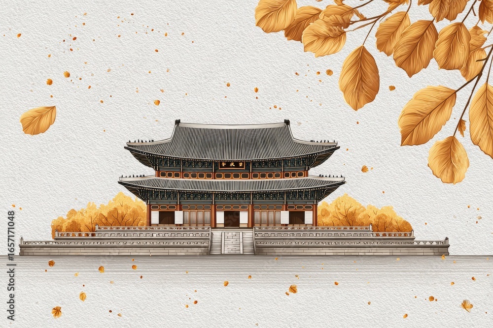 A traditional palace stands majestically in the heart of an autumn landscape, with vibrant orange and yellow leaves framing the scene. The tranquil atmosphere invites contemplation and appreciation.