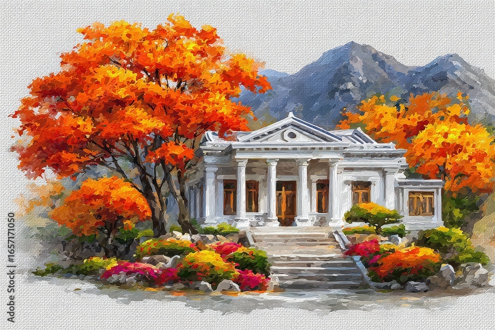 A historic white building sits gracefully among vivid orange and red trees. The backdrop showcases majestic mountains, enhancing the tranquil autumn atmosphere.