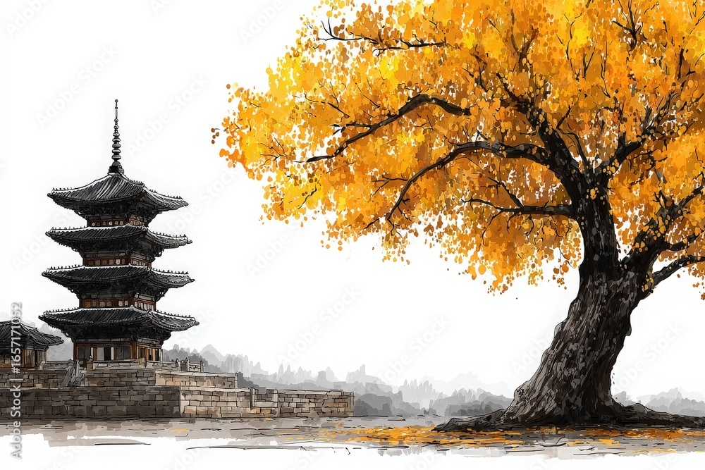 A stunning pagoda towers against a clear sky, surrounded by autumn foliage.