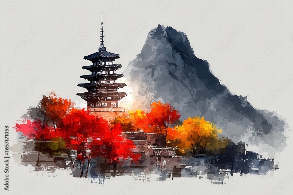 A traditional pagoda stands amidst colorful autumn trees with red, orange, and yellow foliage. A majestic mountain rises in the background, creating a serene and picturesque scene.