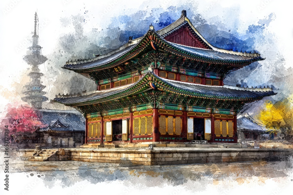 A stunning traditional East Asian building showcases intricate architecture, surrounded by colorful gardens.