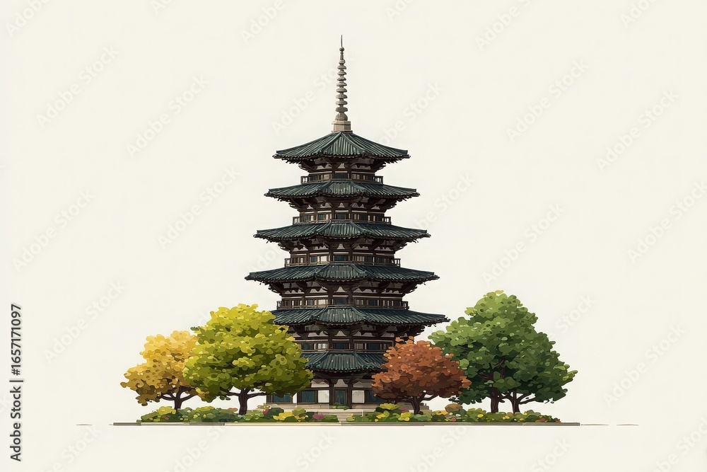 A multi-tiered pagoda stands gracefully, framed by vibrant trees in shades of yellow, orange, and green. The serene setting captures the essence of autumns beauty and tranquility.