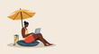© Office Stock Pro - Relaxed person works on laptop under a beach umbrella, representing remote work, digital nomad lifestyle, and summer productivity. Ideal for travel and business concepts.