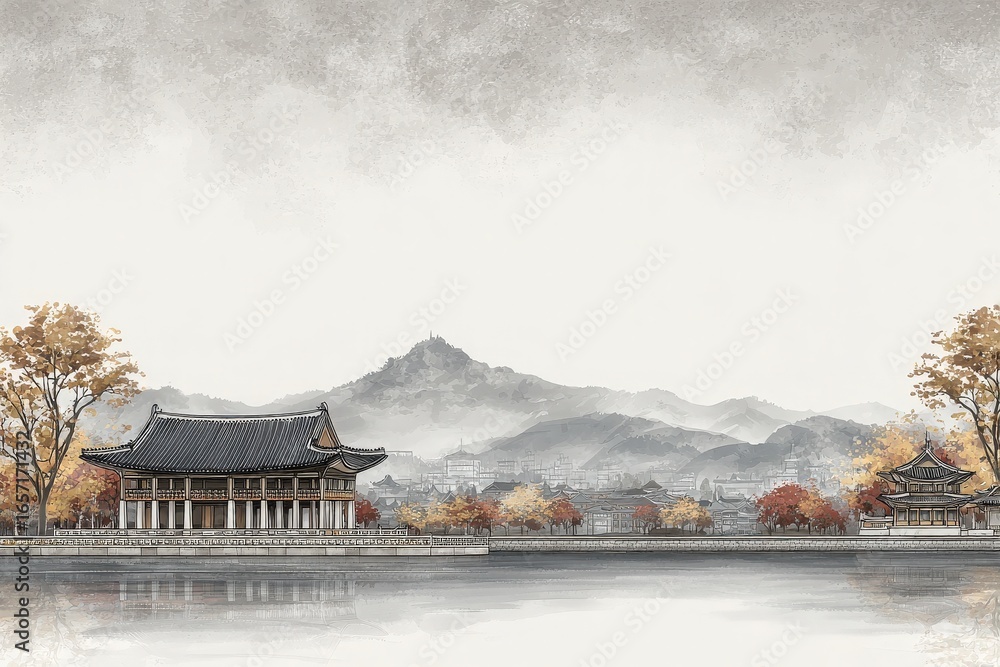 A peaceful lakeside setting showcases traditional Asian buildings surrounded by autumn foliage. Misty mountains rise in the background, creating a serene atmosphere at dusk.
