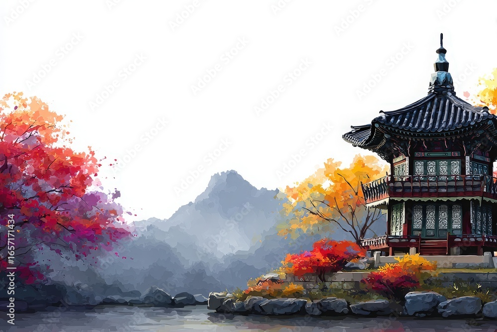 A traditional pavilion stands by a tranquil waterway, framed by vivid autumn leaves. The mountains in the background enhance the peaceful atmosphere, creating a picturesque setting.