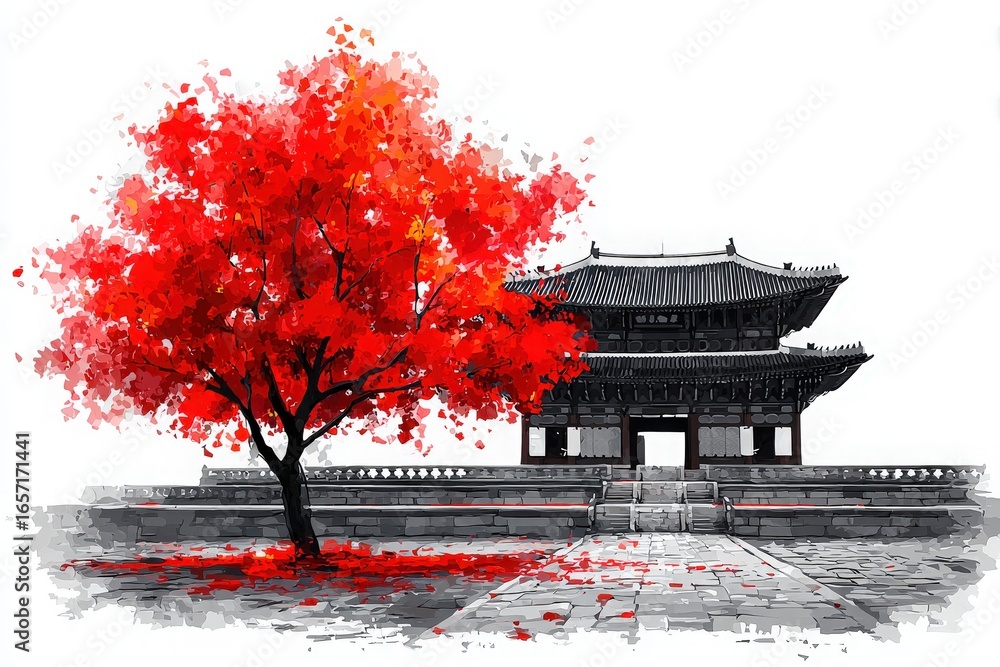 A stunning red tree stands prominently beside a traditional Asian building in autumn.