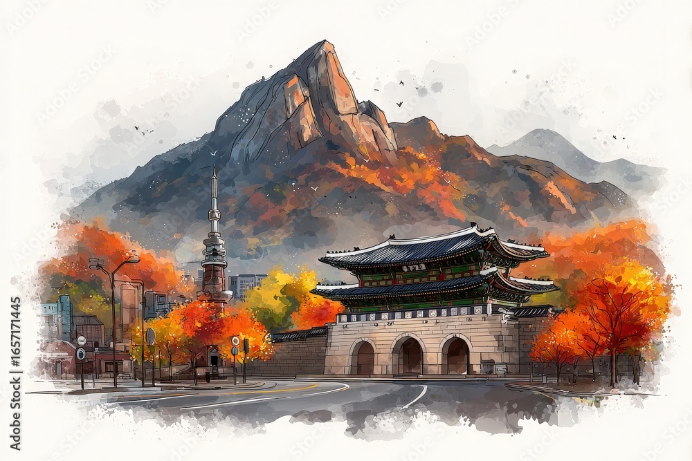 A historic gate stands prominently with vibrant autumn trees surrounding it. Majestic mountains rise in the background, creating a stunning scene of nature and architecture during fall.