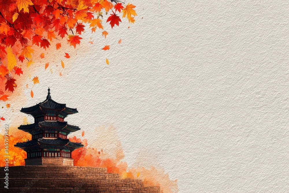 Vibrant autumn leaves in shades of orange and red cascade around a traditional Asian structure, showcasing the beauty of nature during the fall season. The tranquil setting invites reflection.
