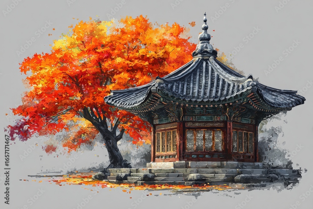 A traditional structure features intricate architecture, standing next to a vibrant orange tree. The autumn leaves create a stunning backdrop, enhancing the tranquil atmosphere.