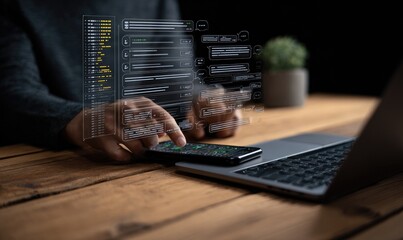 Person using phone and laptop, code displayed