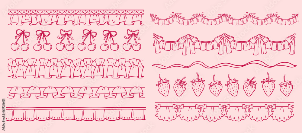 Divider Ruffles Vintage coquette lace dividers set. Hand drawn pink elegant ribbon, bow ...