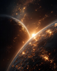 Wall Mural - celestial encounter: a breathtaking depiction of a cosmic event, where two planets converge, bathed 