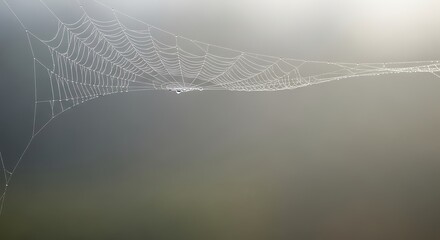 A delicate spiderweb glistening with morning dew drops, shrouded in a soft, ethereal mist.