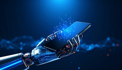 Artificial intelligence concept with a robotic hand holding a smartphone, showcasing a glowing digital network and futuristic technology.