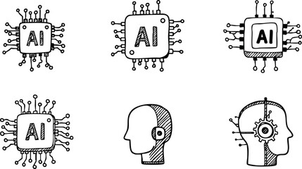 Wall Mural - artificial intelligence chip and human head vector icons in black and white sketch style