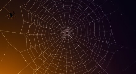 Intricate Spider Web with Dew Drops Glowing Against Dark Background